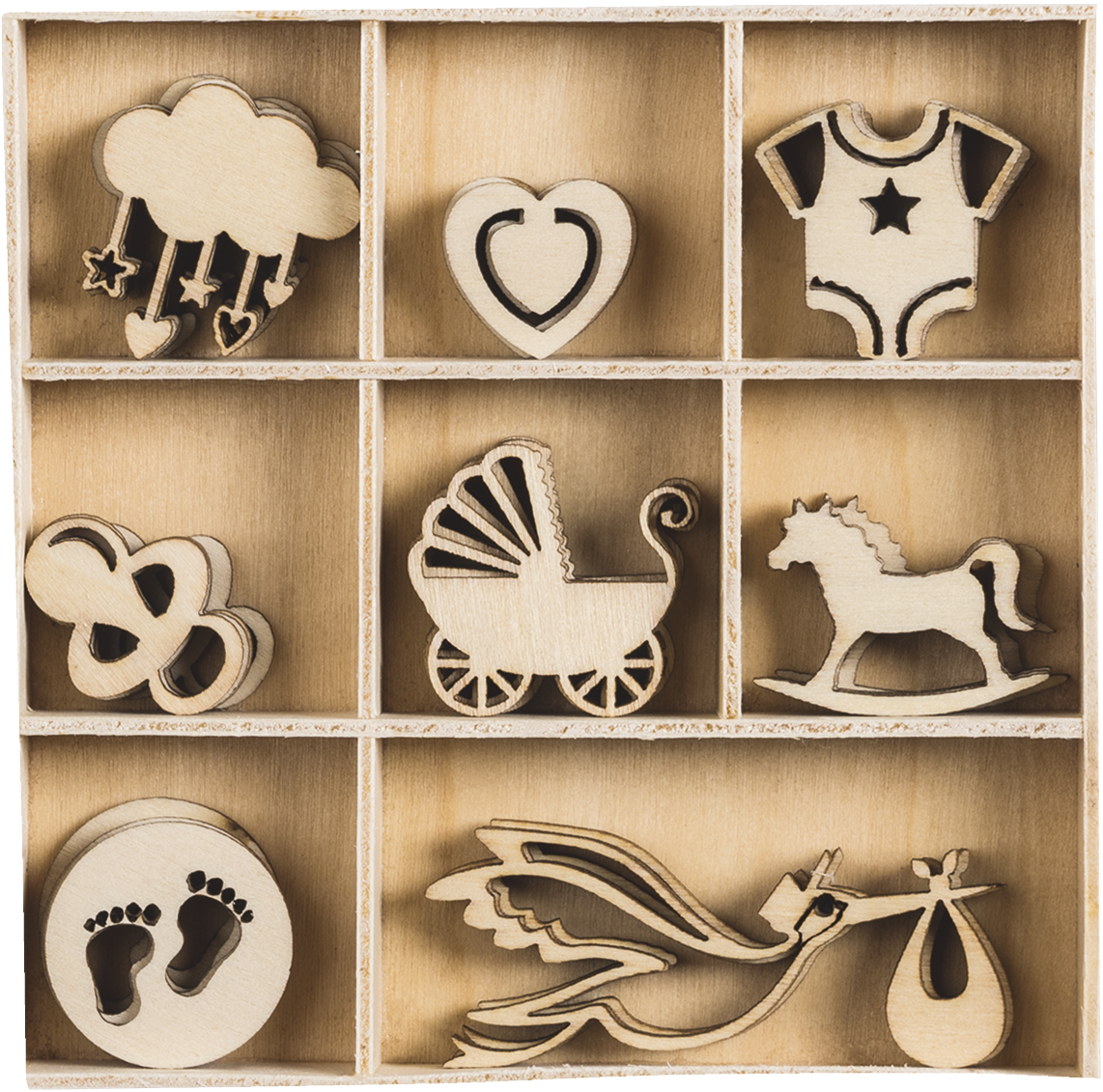 Houten ornamentendoos Baby 10,5x10,5cm 45 Stk